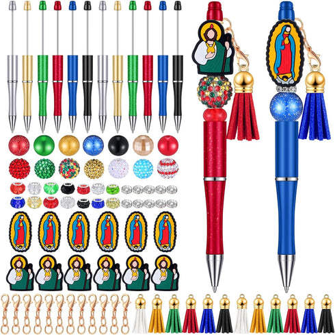 Colarr 12 Sets Christmas Beadable Pens Bulk Halloween Bead Pens with Colorful Beads Tassels Clasps and Beaded Pens DIY Pens Making Kit for Women K...