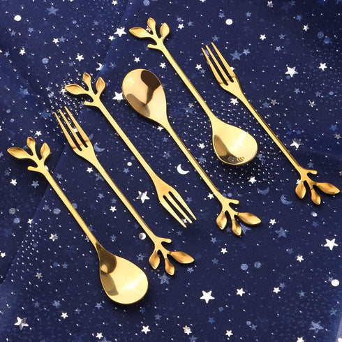 16 Pcs Stainless Steel Gold Leaf Coffee Spoon appetizer fork-4.7" Creative Tableware Dessert Spoons, Stirring, Mixing, Sugar, Stir, Ice Cream, Fru...