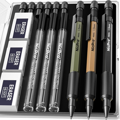 Nicpro 3 PCS 1.3 mm Mechanical Pencil Set 3 Colors with 36 Lead Refill, 3 Eraser - Weatherproof Metal MP2000 Heavy Duty Carpenter Pencil for Outdo...