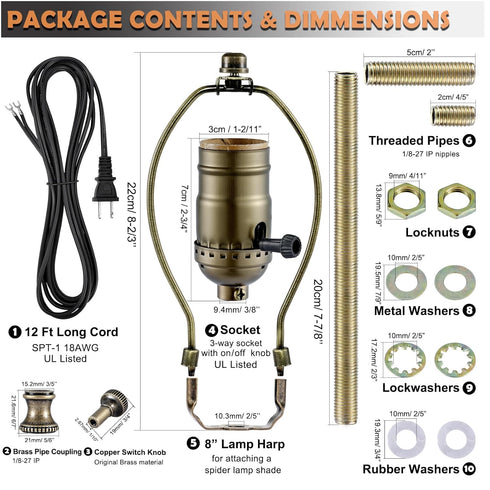 Lamp Rewire Kit,Make a Lamp or Repair Kit,3-Way Lamp Socket with Matching Cord Lamp Harp Set,Lamp Wiring Kit for Table Floor Lamp,Essential Hardwa...