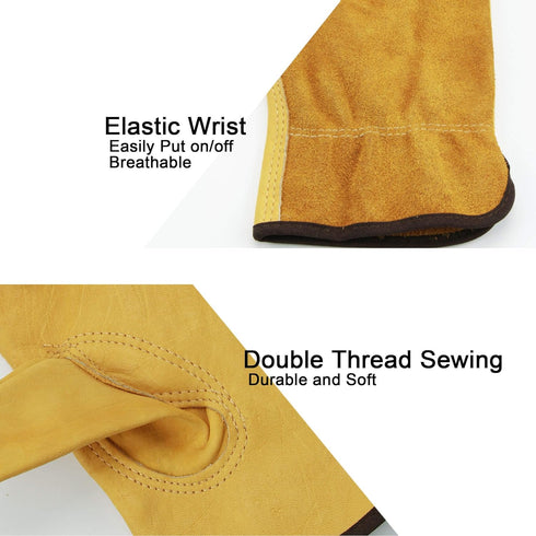OZERO Leather Work Gloves Flex Grip Tough Cowhide Gardening Glove for Wood Cutting/Construction/Driving/Garden for Men and Women 1 Pair (Gold,Larg...