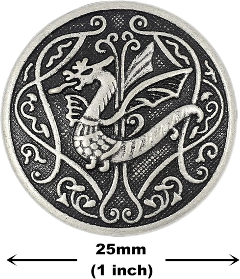 Bezelry 10 Pieces Spitfire Celtic Dragon Metal Shank Buttons. 25mm (1 inch) (Antique Silver)...