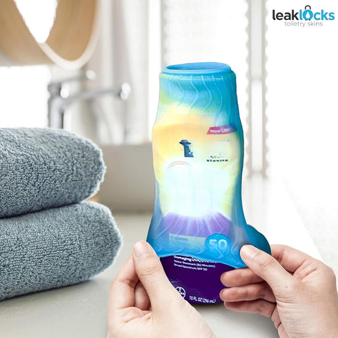LeakLocks® Toiletry Skins™ Elastic Sleeve for Leak Proofing Travel Container in Luggage. For Standard and Travel Sized Toiletries. Reusable Access...