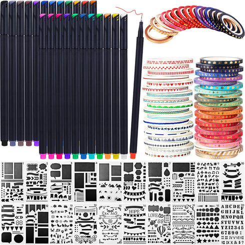 Honoson 48 Pack Scrapbooking Supplies Kit Scrapbook Tools and Supplies Journal Stencil Washi Tape and Journal Planner Pen for Notebook Diary DIY P...