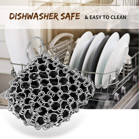 Herda Cast Iron Scrubber Scraper Tool Kit, 4Pieces Cast Iron Skillet Cleaner Cleaning Care Kit 316 Chain Mail Scrubber, Steel Skillet Brush Plasti...