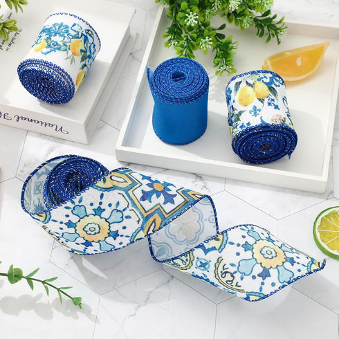 Whaline Lemon Wired Edge Ribbon 24 Yards Blue Tile Lemon Fabric Craft Ribbon for Spring Summer Baby Shower Birthday Gift Wrapping Wreath Bow DIY C...