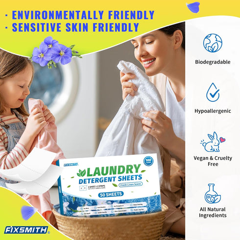 FIXSMITH Laundry Detergent Sheets - 100 Loads (50 Sheets) Fresh Linen Scent - Hypoallergenic,Eco Friendly Laundry Detergent Strips Ultra-Concentra...