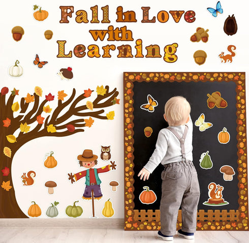 WATINC 170Pcs Fall Tree Learning Bulletin Board Decoration Set, Autumn Pumpkin Study Cut Outs Borders Decor, Thanksgiving Maple Leaves Cutout Wall...