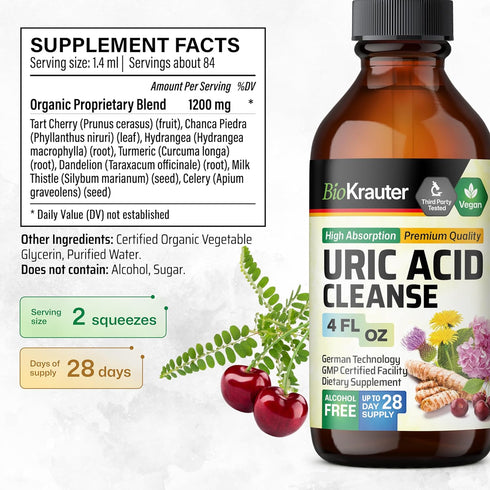 BIO KRAUTER Uric Acid Support Tincture - Natural Kidney Supplement w/Tart Cherry, Milk Thistle, Turmeric Herbal Liquid Extracts - Vegan Drops 4 Fl...