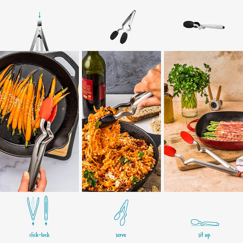 Dreamfarm Clongs Grippy Silicone & Stainless Steel Kitchen Cooking Tongs with Click-Lock Open & Close - 9" Black...