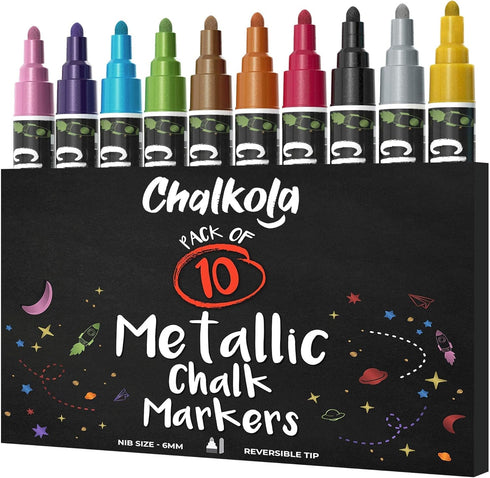 Metallic Chalk Markers (10 Pack) Liquid Chalk Pens - For Blackboards, Chalkboard, Bistro Menu, Window - Wet Wipe Erasable - 6mm Reversible Bullet ...