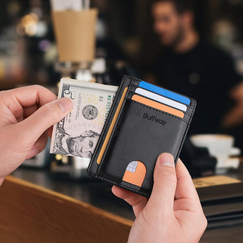 Buffway Slim Minimalist Front Pocket RFID Blocking Leather Wallets for Men and Women - Alaska Black...