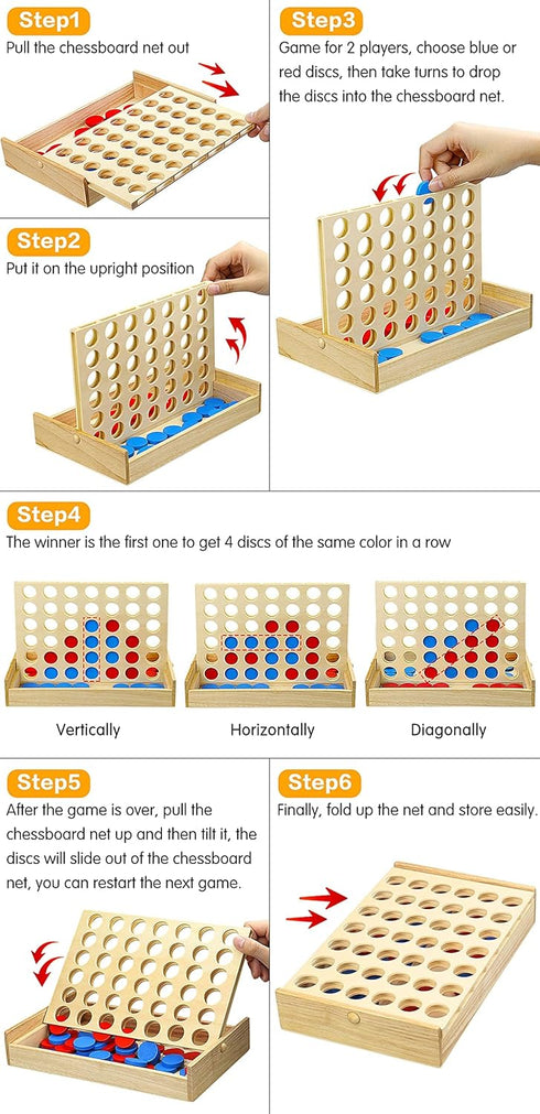 Wooden 4 in a Row Game, Kids Board Games for Kids 5 6 8 10 12 Year Olds, Travel Games for Kids and Adults, 2 Player Classic Family Board Games for...
