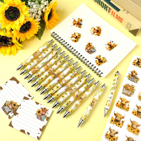 18 Pcs Sunflower Cute Highland Cow Print Pens with 60 Cow Stickers 100 Cow Sticky Notes Aesthetic Highland Cow School Office Stuff Car Accessories...