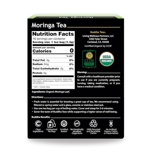 Buddha Teas - Moringa Tea - Herbal Tea - Source of Essential Vitamins & Minerals - Natural Ingredients - Caffeine Free - OU Kosher - 18 Tea Bags (...