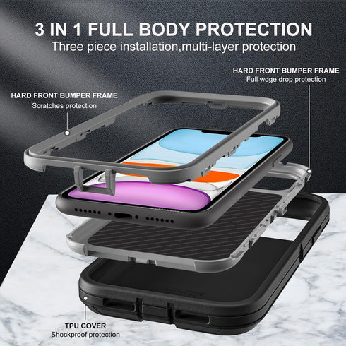 for iPhone 11 Case, Military Grade 3 in 1 Heavy Duty Shockproof/Drop Proof/Dust Proof Case with 2Pcs Tempered Glass Screen Protector (Black/Grey)....