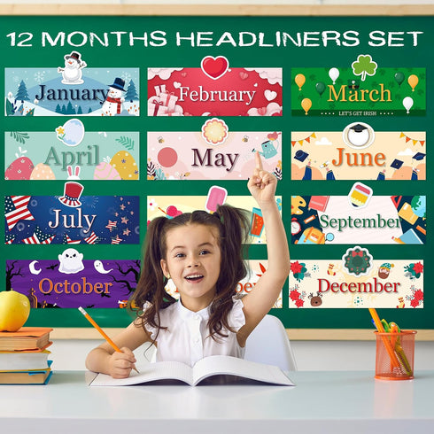 24 Pcs Holiday Monthly Headliners Set 12 Months of The Year Headers Monthly Bulletin Board Borders Seasonal Monthly Headers with 12 Holiday Sticke...