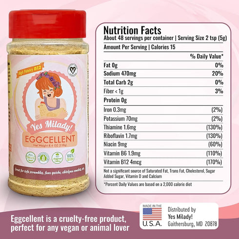 Yes Milady! Eggcellent (8.4oz Ex-Large) Vegan Seasoning and Vitamin B12 Supplement - 100% Natural for Omelets, Quiche, Breakfast Burrito, and Tofu...