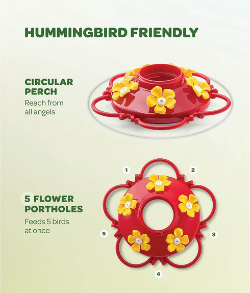 Hummingbird Feeder 10 oz. Plastic Hummingbird Feeders for Outdoors, with Built-in Ant Guard - Circular Perch with 5 Feeding Ports - Wide Mouth for...