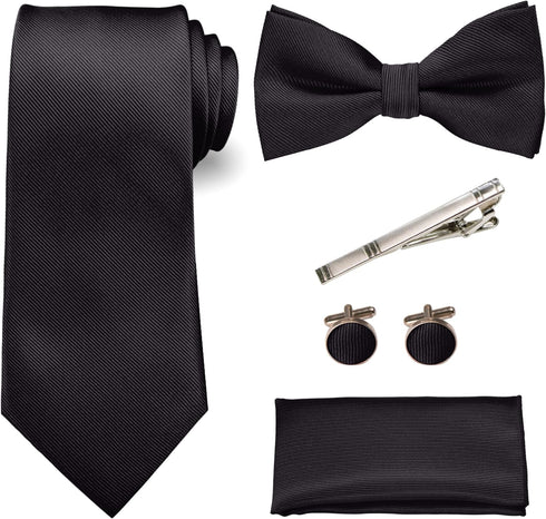 RBOCOTT Solid Color Tie and Bow Tie Pocket Square with Cufflinks and Tie Clip Sets for Men...