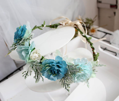 Vivivalue Fairy Flower Crown Blue Floral Headband Elf Headpiece for Women Girls Princess Wedding Bridal Shower Photo Prop Cosplay Renaissance...