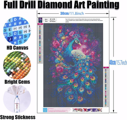 Ekuxom 5D Diamond Painting Kits for Adults, Peacock Diamond Art Kits for Beginner, DIY Animals Round Full Drill Diamond Art for Home Wall Decor 12...