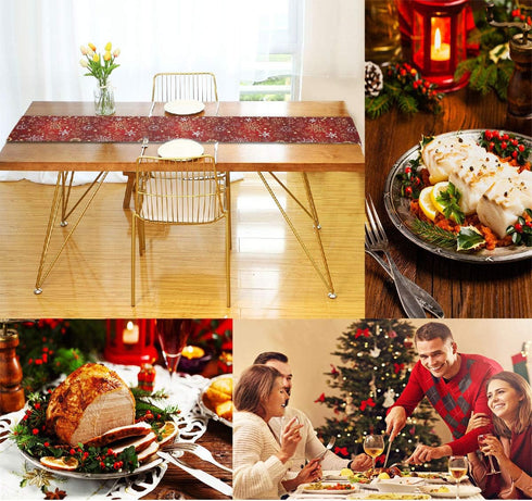 Christmas Winter Snowflake Table Runner 13x90 Inches Double Sided, Luxurious Gold Red Snowflakes Table Runners Cloth Placemats Washable Fabric for...