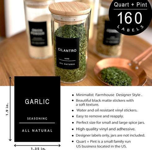 160 Spice Jar Labels: Minimalist Matte Black Sticker White Text. Waterproof Stickers. Organization for Jars Bottles Containers Bins. Storage Rack ...