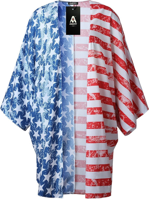 4th of July Women's American Flag Print Kimono Cover Up Tops Shirt Patriotic Cardigan (one Size, Picture Color)...