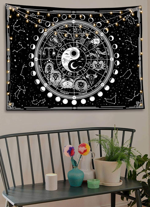 Twelve Constellation Tapestry,Black and White ?Sun and Moon ?Yin and Yang Tapestry Mystic Wall Hanging Tapestry for Home Decor (35"x47")...