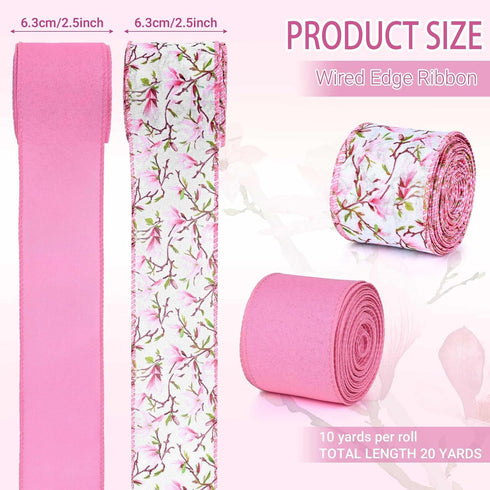 2 Rolls 20 Yards Pink Floral Wired Edge Ribbon Magnolia Flower Printed Burlap Ribbon for Gift Wrapping Bow Wreath Making for Birthday Wedding Craf...