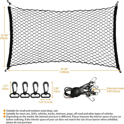 Dog Barrier for Car SUV, 47" Dog Net with Metal Hooks, Stretchable Mesh Cargo Net, Car Divider Dog Gate for Driving Safely with Children & Pets, U...