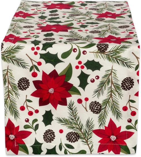 DII Woodland Holly Christmas Holiday Kitchen & Table Décor, Table Runner, 14x72, Poinsettia & Christmas Greenery...