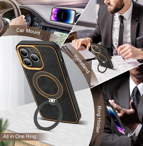 for iPhone 13/14 Case with Magnetic Invisible Ring Stand Leather Business Phone Case Compatible with Magsafe Shockproof Protection Classic Luxury ...
