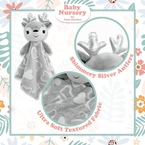 June Garden Cozy Dream Fleece Baby Security Blanket - Infants Nursery Bed Blankets - 15 x 15 inches Lovey - Stuffed Deer Animal Plush - Grey...