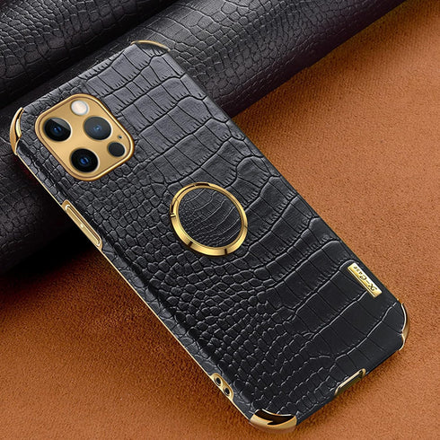 aowner Compatible with iPhone 12 Pro Max Ring Holder Case Luxury Crocodile Cover Gold Edge 360 Degree Rotation Stand for Women Girls Slim Leather ...