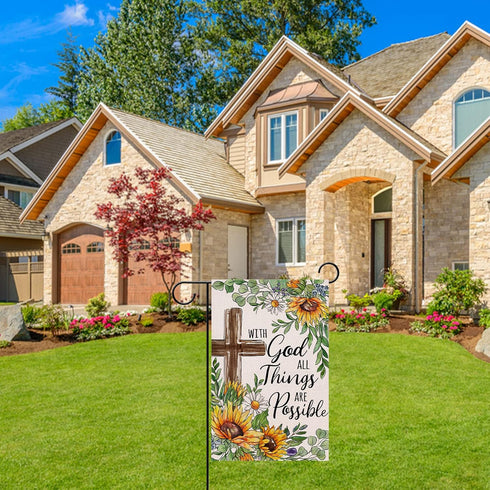 With God All Things Are Possible Christian Decorative Garden Flag, Religious Cross Sunflower Spring Summer Easter Yard Outside Decorations, Inspir...