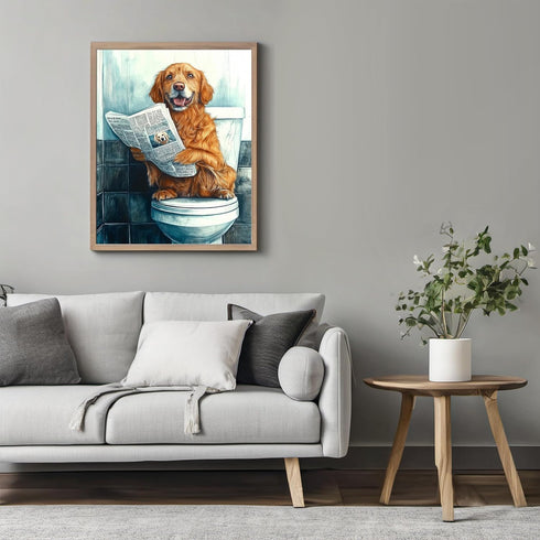 Posterizer 1 pcs-drawing style art-funny dog on toilet reading newspaper 1-Bathroom Restroom Art-Art for Animal Lovers-Decor for Home & Office- un...