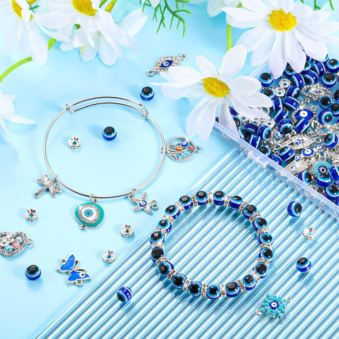 235 Pcs Evil Eye Charms Kits Includes 80 Evil Eye Beads 25 Alloy Eye Charms 80 Jewelry Making Beads 50 Crystal Spacer Bead Charms for Jewelry Maki...