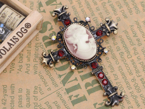 Alilang Cameo Lady Cross Brooch Pin Gunmetal Red Rhinestones Vintage Inspired...