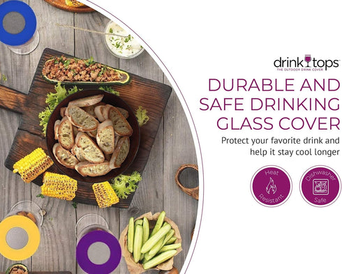 Drink Tops Ventilated Silicone Wine Glass Covers - Weighted Cover Allows air to circulate - Outdoor Glass Protectors prevent particles - BPA Free ...