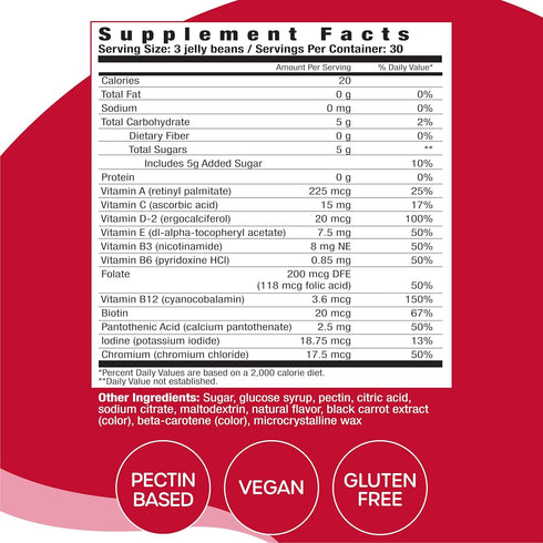 Multivitamin Jelly Beans, Women & Men, Source of Vitamin A C D E B-3 B-6 & Biotin, Supports Immune System, Pectin Based, Vegan & Gluten Free, Stra...