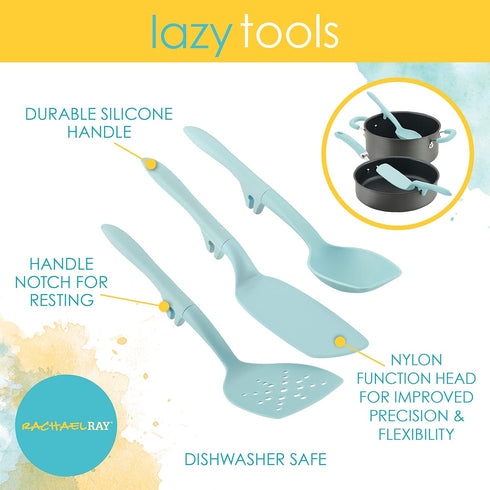 Rachael Ray Tools and Gadgets Spoon, Slotted and Solid Turners Set/ Cooking Utensils - 3 Piece, Light Blue...