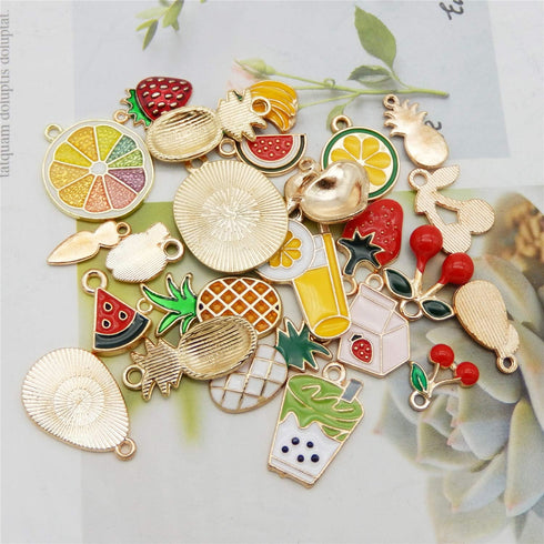 JJG 48pcs Gold Plated Enamel Cherry Lemon Drinks Dainty Dangle Fruits Charms Pendant for Earrings Jewelry Making Necklace Bracelet Craft Findings...