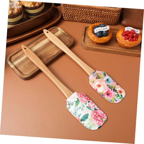 Luxshiny Silicone Scraper Spatula, 2pcs Wooden Handle Rubber Spatula Flower Pattern Mixing Scraper Cream Butter Spatula Non-stick Kitchen Utensils...