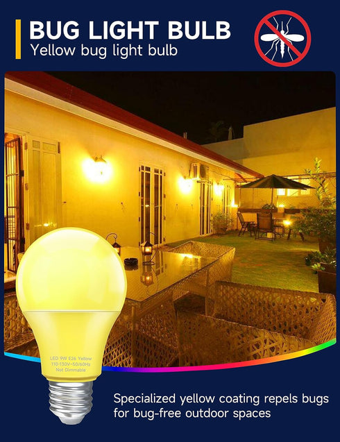 Yellow LED Bug Light Bulbs, A19 Outdoor Yellow Bug Light Bulb, 9W Equivalent 60W, Yellow Bug Light Bulbs for Outside, E26 Base for Porch, Holiday ...