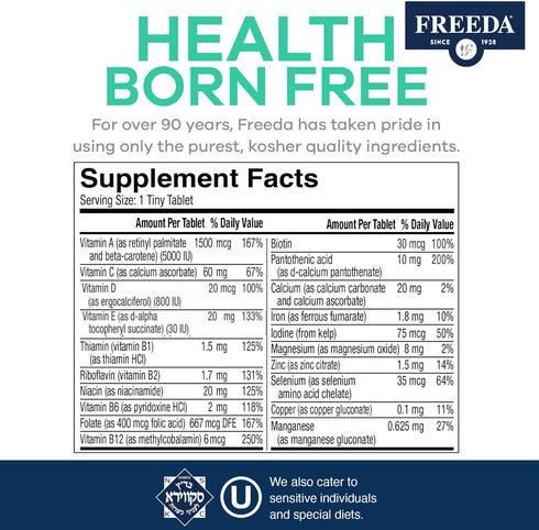 Freedavite Tiny Tablet - Moderate Multivitamin for Men and Women - Vitamin A, C, D, E, B1, B2, B6, B12, Biotin, Calcium, Zinc, Iron, Magnesium, Ma...
