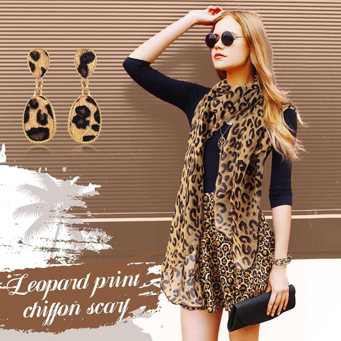 4 Pcs Leopard Print Scarf and Jewelry Set Women Cheetah Wrap Shawl Dangle Earrings Leather Necklace Multilayer Bracelet Bohemia Leopard Print Acce...