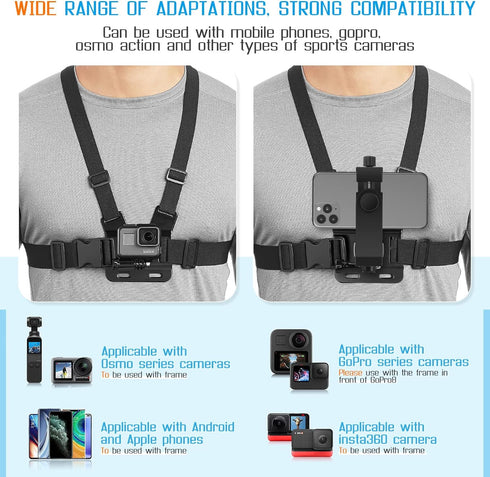 Phone Chest Strap Mount for POV/VLOG Videos, Chest Harness Holder Compatible with iPhone 13 12 11Pro Max Plus,Samsung,GoPro Hero 9, 8, 7, 6,AKASO,...