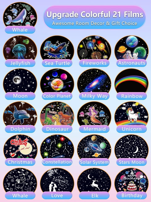 21 Sets of Films + Projector Night Light for Kids, Baby Star Projector for Bedroom, Ceiling, Kids Night Light with 360° Rotation Dimmable for Baby...